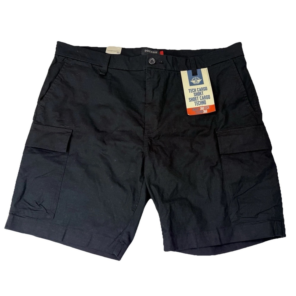 NWT Dockers Men's Tech Cargo Shorts 38 Black Solid Casual Side Pockets